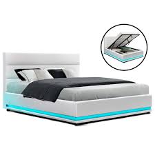 Shop queen size bed frames. Artiss Lumi Led Bed Frame Pu Leather Gas Lift Storage White Queen Mattressoutlet