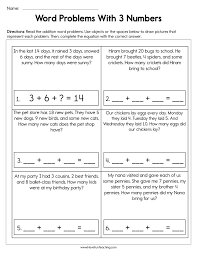 Word Problems With 3 Numbers Worksheet