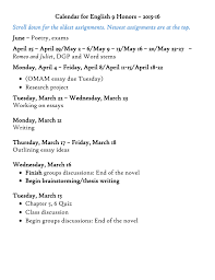 calendar for english honors  