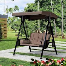 Purple Leaf 2 Person Steel Metal Patio Swing With Canopy And Cushions Beige