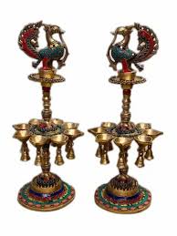 Muticoloured Brass Peacock Lamp Set