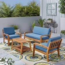 Grenada Patio Conversation Set With Coffee Table 4 Seater Acacia Wood Teak Finish With Blue Outdoor Cushions