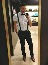 Minimal efforts plus a classic look. Image Result For White Shirt Bow Tie Suspenders Homecoming Outfits Suspenders Outfit Mens Outfits