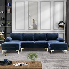 Seafuloy 110 63 In W Round Arm 3 Piece U Shaped Chenille Sectional Sofa And Chaise In Blue