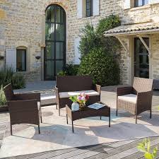 Tozey Brown 4 Pieces Wicker Outdoor Patio Furniture Sets Rattan Chair Wicker Set With Beige Cushion
