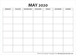 Blank May 2020 Calendar Monday Start Template To Print