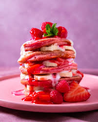 vegan pink pancakes with strawberry and