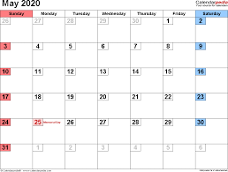 May 2020 Calendars For Word Excel Pdf