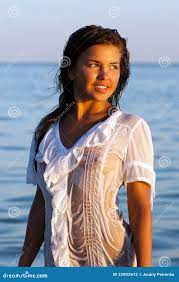 Girl in a White Wet Transparent Dress Stock Photo - Image of summer, model:  22932612