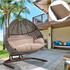Upland Brown Wicker Hanging Double Seat Patio Swing Chair With Stand And Beige Cushion