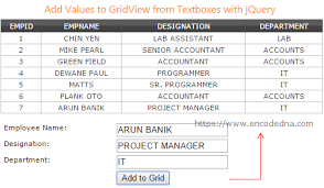 textbo to gridview using jquery