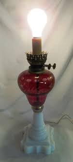 Antique Cut To Clear Red Glass Oil Lamp