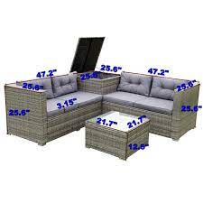4 Piece Wicker Outdoor Furniture Sofa Sectional Set Patio Furniture Sofa With Gray Cushions And Storage Box