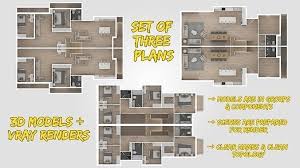 set of three 3d floor plans with