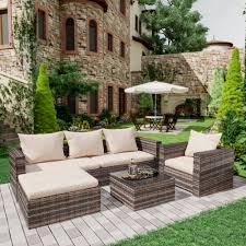 rattan patio sofa set 4 pieces outdoor sectional furniture set all weather pe rattan wicker patio conversation set cushioned sofa set with gl