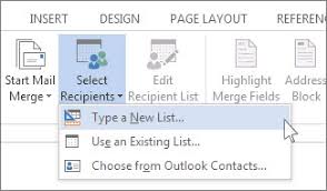 set up a new mail merge list with word
