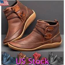 Casual Womens Flat Leather Retro Strap Boots Round Toe Shoes Ankle Boots Size