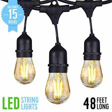Led Outdoor String Lights 48 Ft Long 15 Hanging Sockets 2 Watt Filament Bulbs