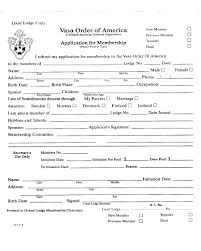 Application For Membership In The Vasa Order Of America