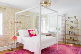 Kids bedroom in bohemian style. Pink And Gold Teenage Girls Bedroom With White Canopy Bed Contemporary Girl S Room