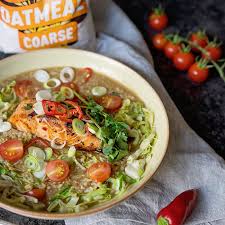 oat broth with honey soy salmon