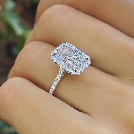 radiant cut diamond with halo diamonds in rose gold - Google Search