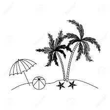Black and white engraved ink art. Black Silhouette Of Beach With Palm Trees And Starfish And Umbrella Royalty Free Cliparts Vectors And Stock Illustration Image 78932278