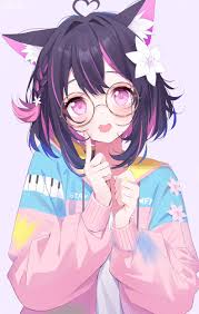 deyui, lilypichu, offlinetv, commentary, highres, 1girl, ahoge, animal ear  fluff, animal ears, artist name, black hair, braid, clothes writing,  drawstring, english text, glasses, hair intakes, hands up, heart, heart  ahoge, jacket, long