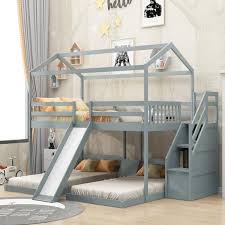 Urtr Gray Triple House Bunk Bed With