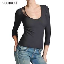 Us 10 0 29 Off Womens Sexy Lace T Shirts Low Cut Neck Women Solid Three Quarter Sleeve Female Tops Tee 5xl 6xl Ladies Plus Size T Shirt 7438 In