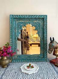 Handcarved Wall Mirror Frame Turquoise Blue