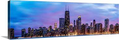 Panoramic Chicago Skyline At Night Wall