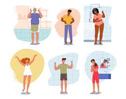 Premium Vector | Set of male and female characters standing on scales  measuring their weight loss progress concept of health