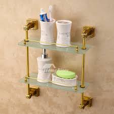 Gold Brass Double Glass Bathroom Shelves