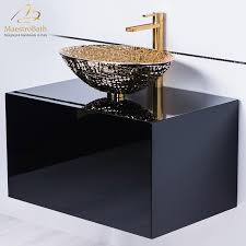 Check out our extensive range of bathroom sink vanity units and bathroom vanity units. Black Lacquer Bathroom Vanity With Gold Crystal Vessel Sink