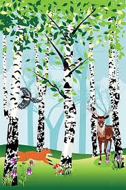 緑の葉と漫画の動物イラストと白樺の木のある森の風景 背景, 吠える, そして, バーチ背景画像素材無料ダウンロード - Pngtree