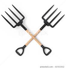 set of garden pitchfork and rake with