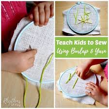 teach kids to sew using burlap and yarn