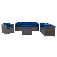 Corliving Parksville Resin Wicker Patio Sofa Sectional Set Blended Grey Oxford Blue