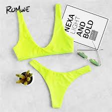 Us 11 99 40 Off Romwe Sport Neon Plunge Neckline Vest Bikini Top With High Leg Bottom Bikini Sets Plain Swimwear Women Beach Sexy Bathing Suit In