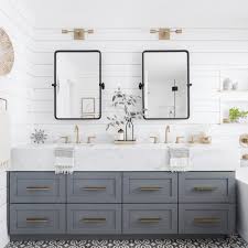This dresser is pure white with a large mirror and stool. 24 Double Vanity Ideas To Try In Your Bathroom
