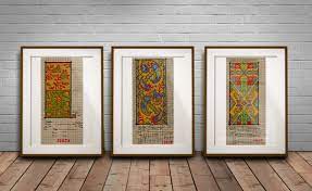 set of 3 large textile history wall art