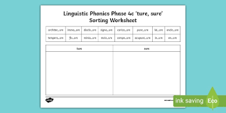 Then, they must write a sentence using that word in the space provided. Linguistic Phonics Phase 4c Ture Sure Sorting Worksheet