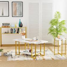 Cassie 39 In White Rectangle Marble Look Top Coffee Table Set Included Console Table Coffee Table And End Table