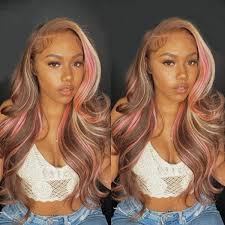 pink highlights in brown hair body wave