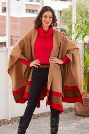 Red Trim Generous Tan Baby Alpaca Roana Cloak from Peru - Regal Fashion  Chic | NOVICA