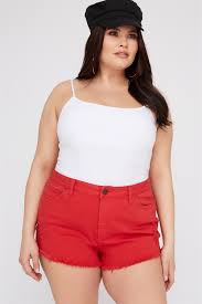 Refuge Plus Size Red High Rise Distressed Cheeky Denim Short Red 16