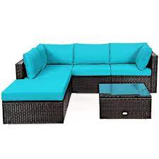 Gymax 6pcs Rattan Patio Sectional Sofa Set Outdoor Furniture Set W Turquoise Cushions