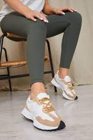 Nude Tonal Lace Up Faux Suede Trainers | In The Style USA