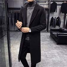 Men Black Woolen Overcoat Vintage Long